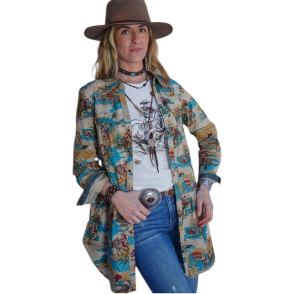 Tasha Polizzi Western Scenic Print Duster Shirt Jacket L Boho Ranchcore - Picture 3 of 4